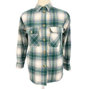 Kori Plaid Button Down Flannel Shacket Green Cream Oversized Shirt Jacket S